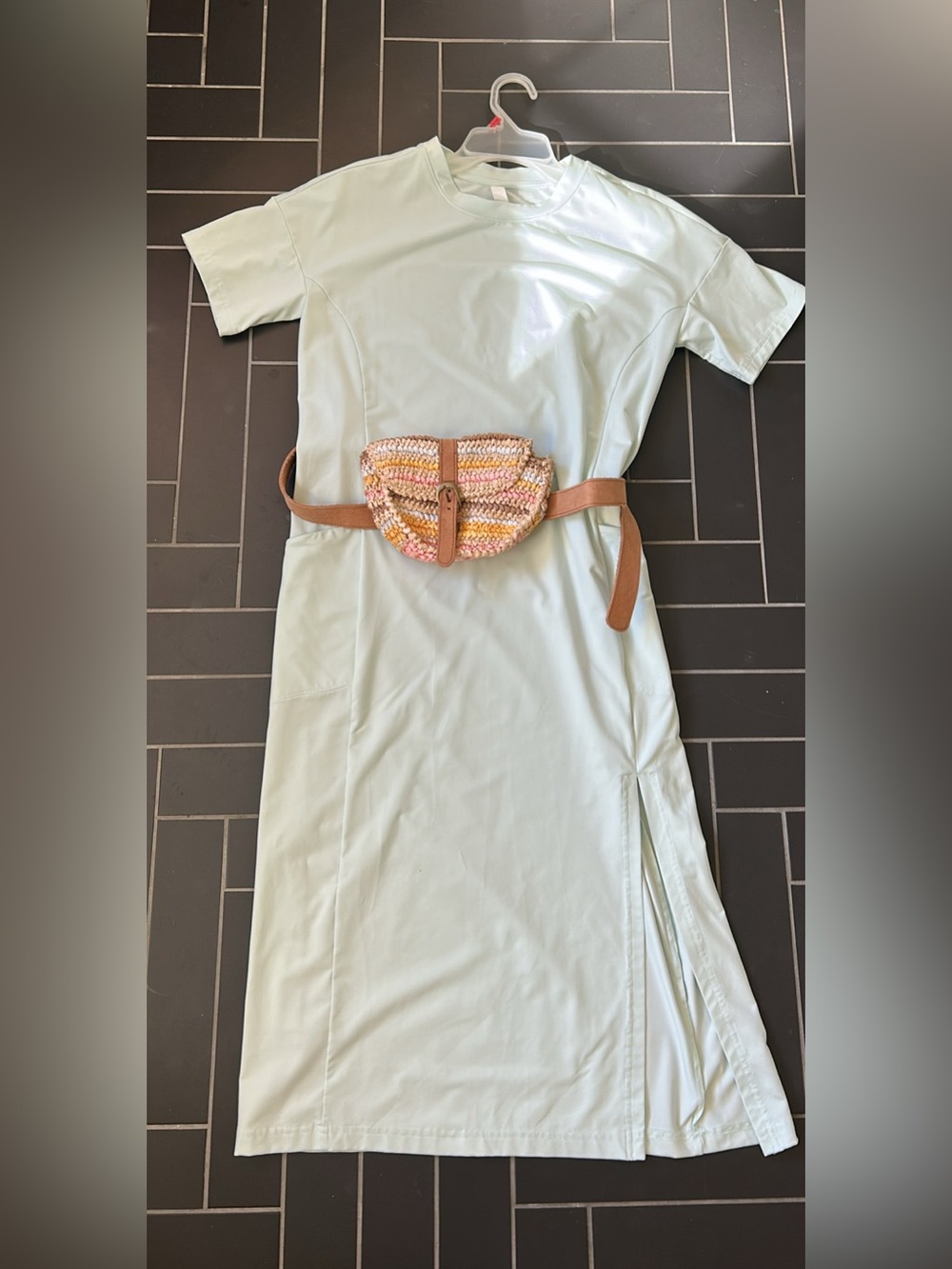 Athleta Midi Tee Short Dress and Woven/Leather Belt Bag